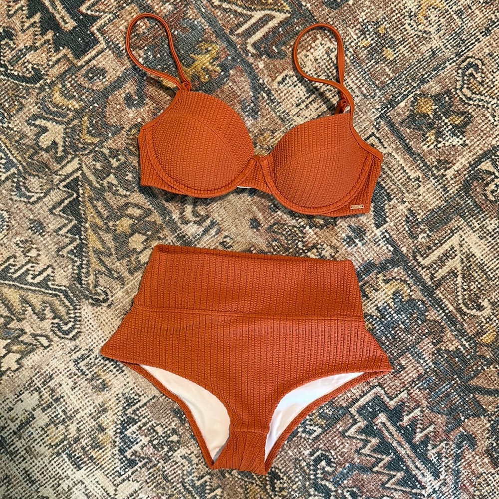 PINK ribbed high waist bikini set